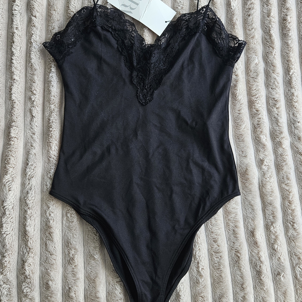 New Black Lace Trim Bodysuit (ZARA, Size S)